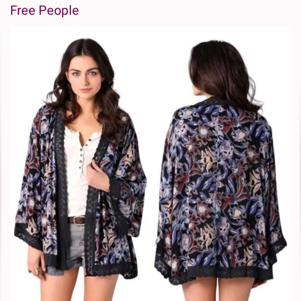 Free People  Multi Color Floral Boho Kimono with Lace Trim